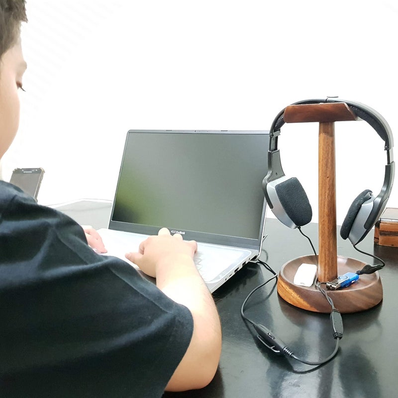 WRIGHTMART Wooden Headphone Stand with Tray â€“ Solid Acacia Headset Holder for Desk Organization, Universal Fit for Sony, Bose, Beats, Gaming Headsets & Controllers - Image 2